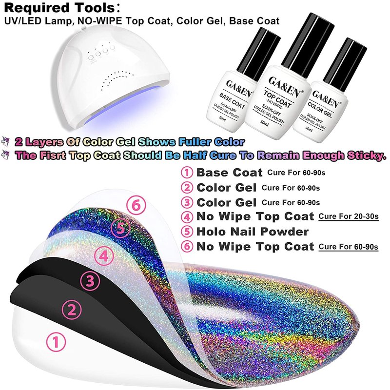 GA&EN Nail Glitter 2 Jars Holographic Nail Powder Fine Rainbow Holo Mermaid Unicorn Mirror Laser Effect Multi Chrome Manicure Pigment Glitter Dust + 6PCS Sponge Tools for Salon Home Nail Art DIY Decor