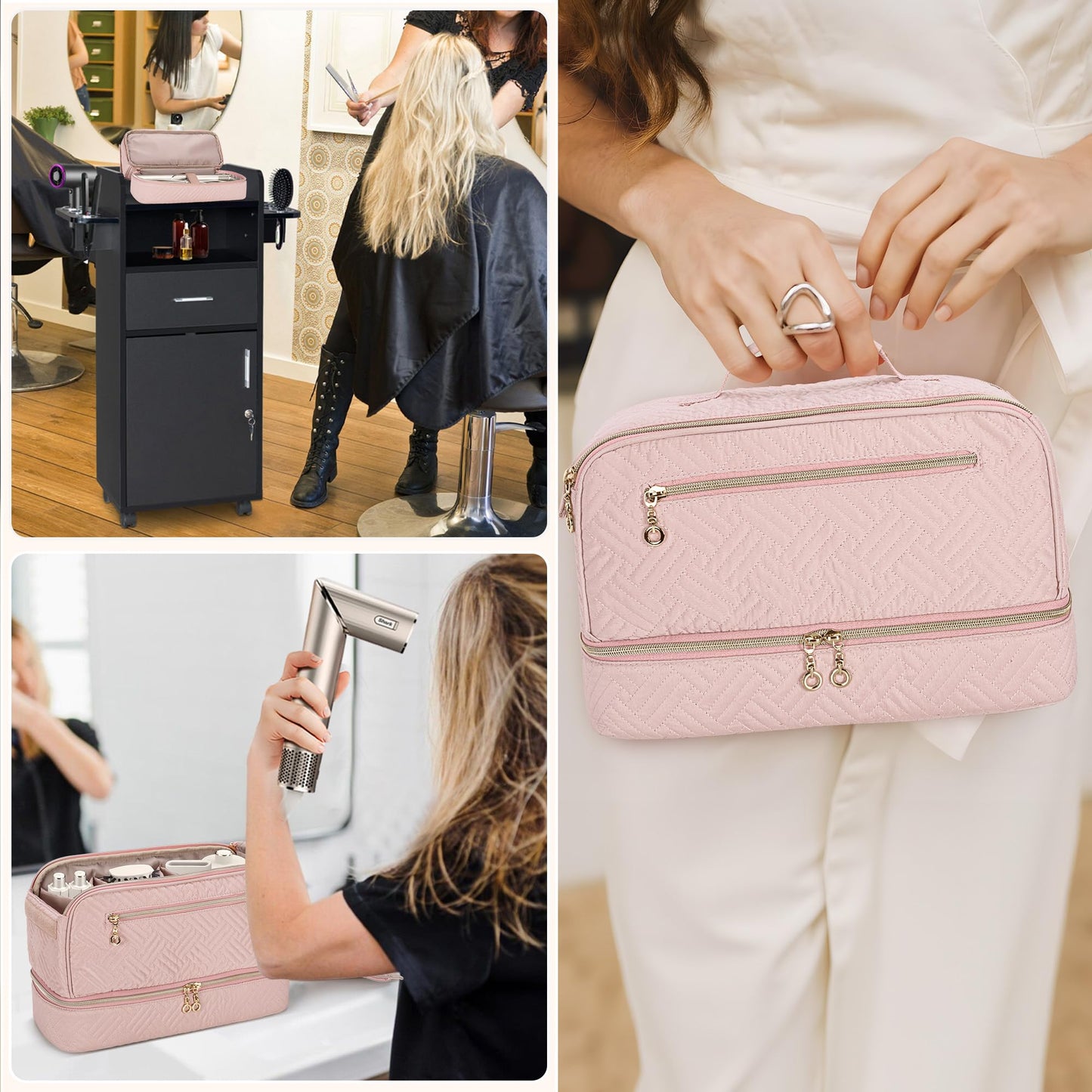 Teamoy Travel Carrying Case Compatible with Shark Flexstyle, Double-Layer Storage Bag for Shark Hyperair, Portable Travel Organizer for Dyson Airwrap Styler and Attachments, Pink Quilted