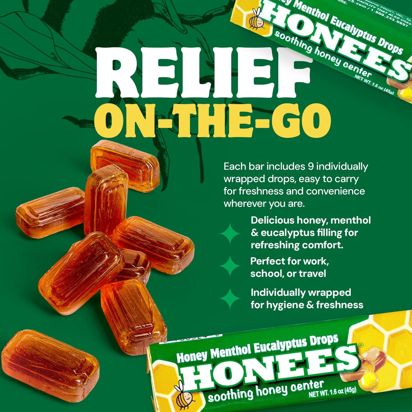 Honees Filled Menthol Cough Drops, Honey, Menthol & Eucalyptus Cough Drops- Natural Sore Throat Relief - Nothing Artificial -Throat Lozenges, Non-GMO (6 Pack –54 Drops)