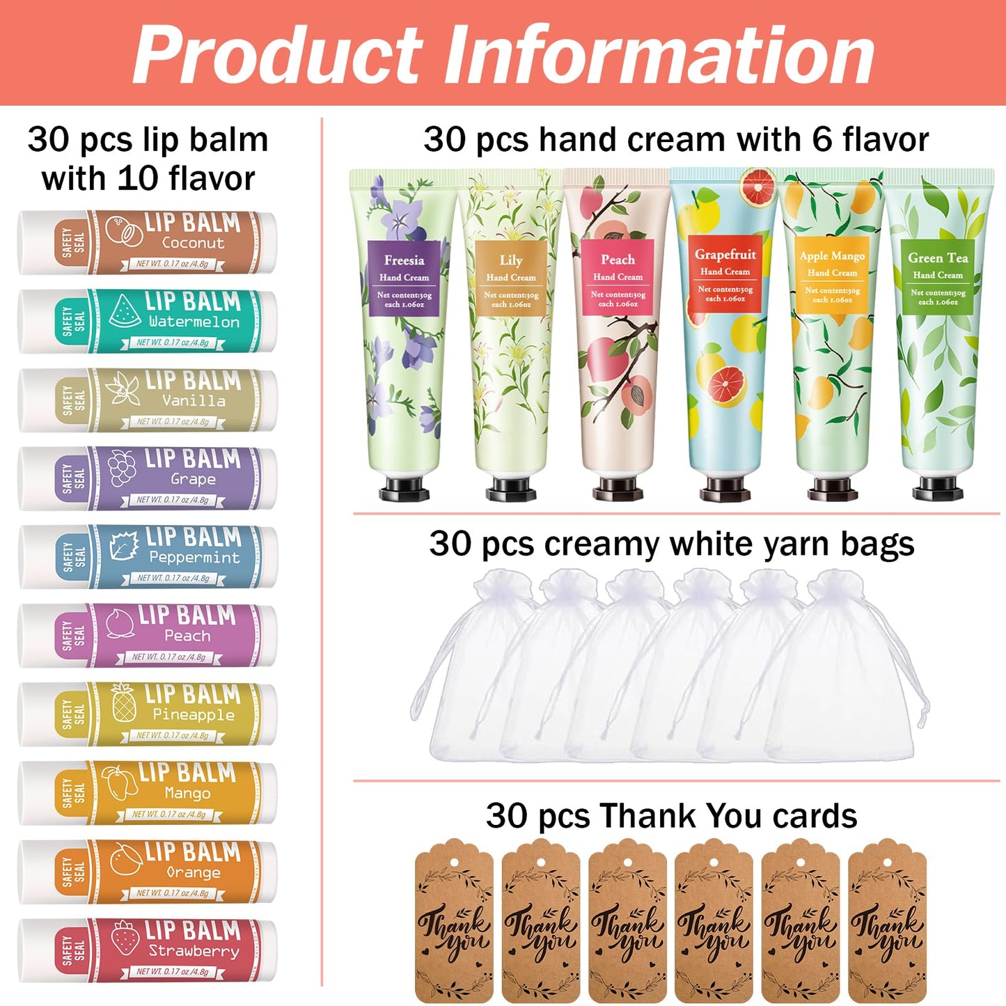 AZEN 30 Sets Bulk Gifts, Hand Cream and Lip Balm Bulk Set with Organza Bag Thank You Card, Baby Shower Wedding Gifts for Guests, Bridal Wedding Favors