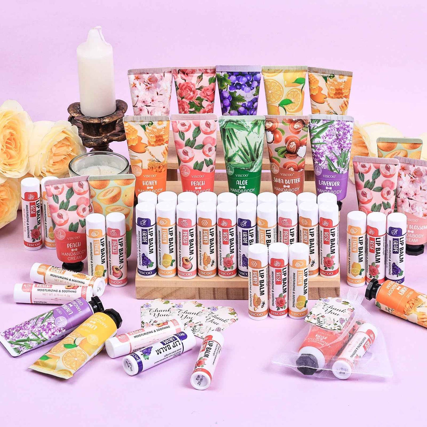 VISCOO 40 Sets Hand Cream Bulk and Lip Balm Bulk Gifts, Stocking Stuffers for Women Teengirls, Christmas Gifts,Bridesmaid Gifts for Guests with Thank You Card Organza Bags,Thank You Gifts, Small Gifts