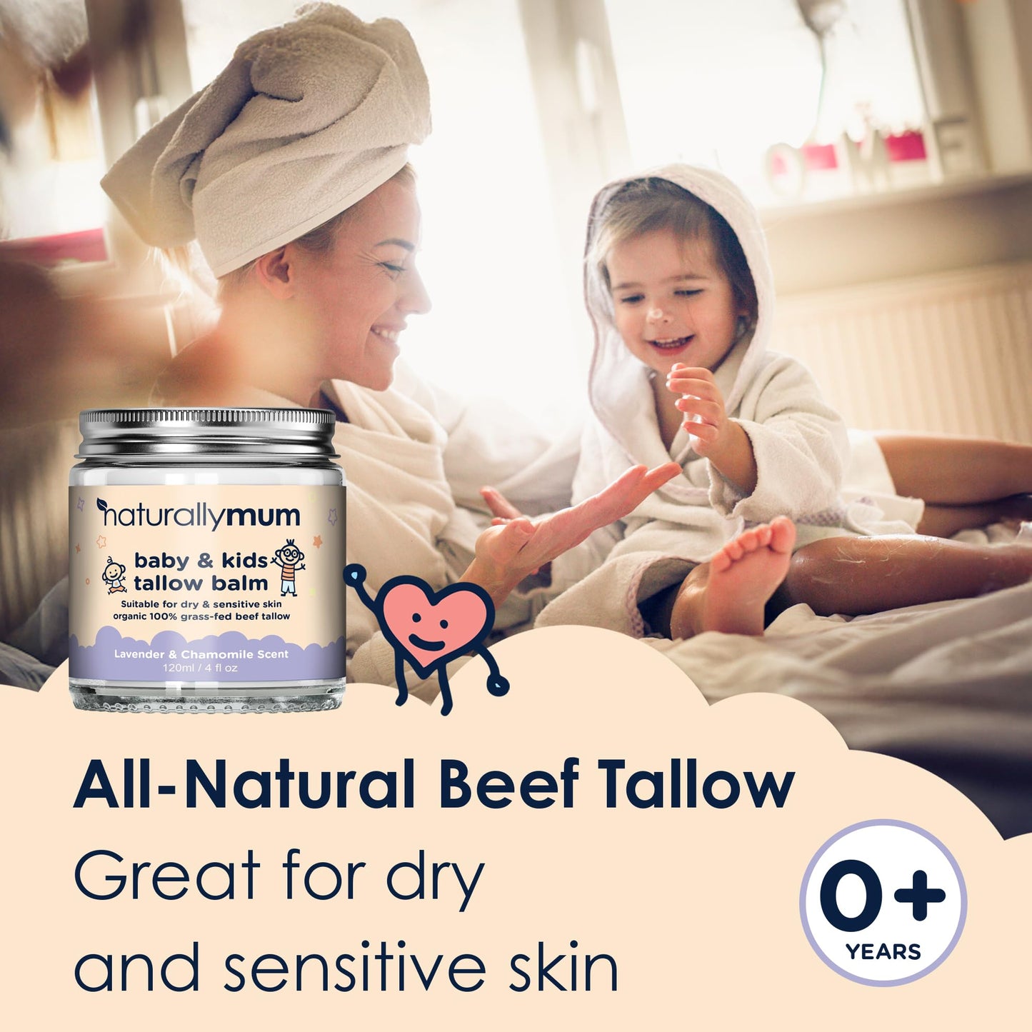 NaturallyMum Baby & Kids Tallow Balm | All-Natural Organic Grass Fed Beef Tallow | Moisturizing Cream | For Dry & Sensitive Skin | All in One Skincare Solution | 4.2 fl oz