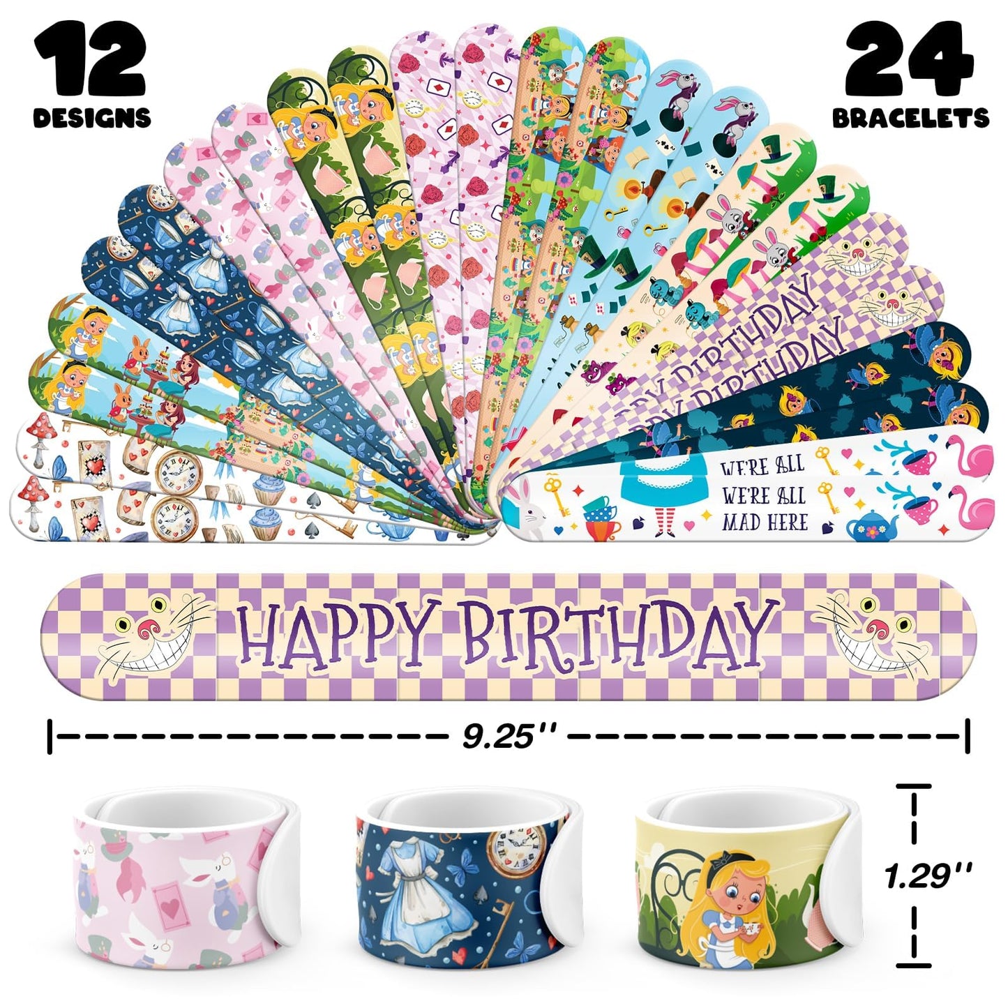96 Pcs Alice Party Favor Set - Slap Bracelets & Tattoos, Fairytale Princess Birthday Gifts for Girls, Tea Party Decorations, Bulk Toys for Kids