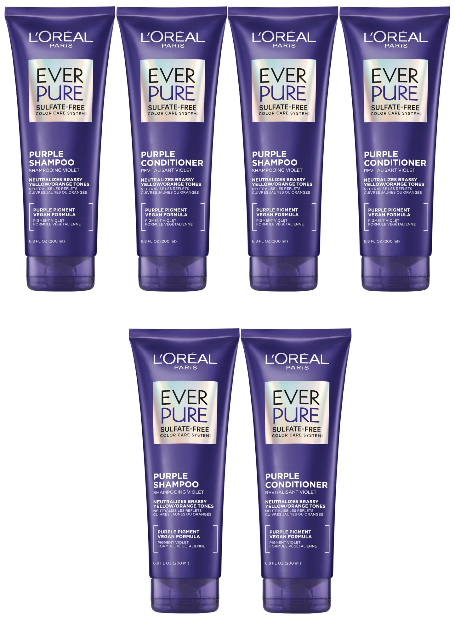 L'Oreal Paris EverPure Purple Shampoo and Conditioner Set, Sulfate-Free Brass Toning for Blonde, Bleached, Highlighted, Silver or Gray Color-Treated Hair, 6.8 Fl Oz, Pack of 6