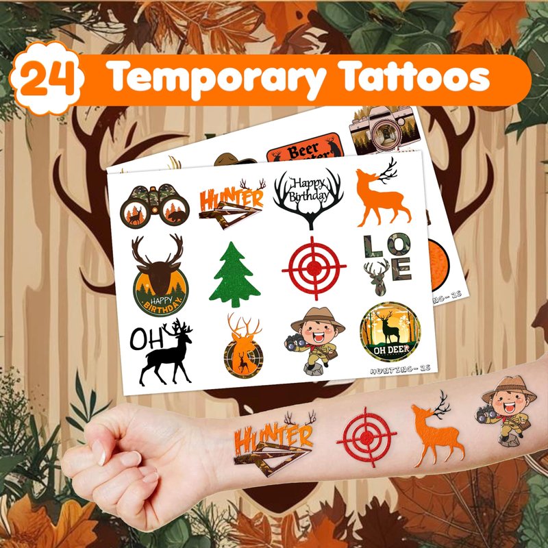 Cherisnowy 48PCS Hunting Party Set - 24PCS Temporary Tattoos & 24PCS Slap Bracelets - Outdoor Adventure Birthday Supplies, Baby Shower Gifts, Classroom Rewards & Party Decor for Kids (Boys & Girls)
