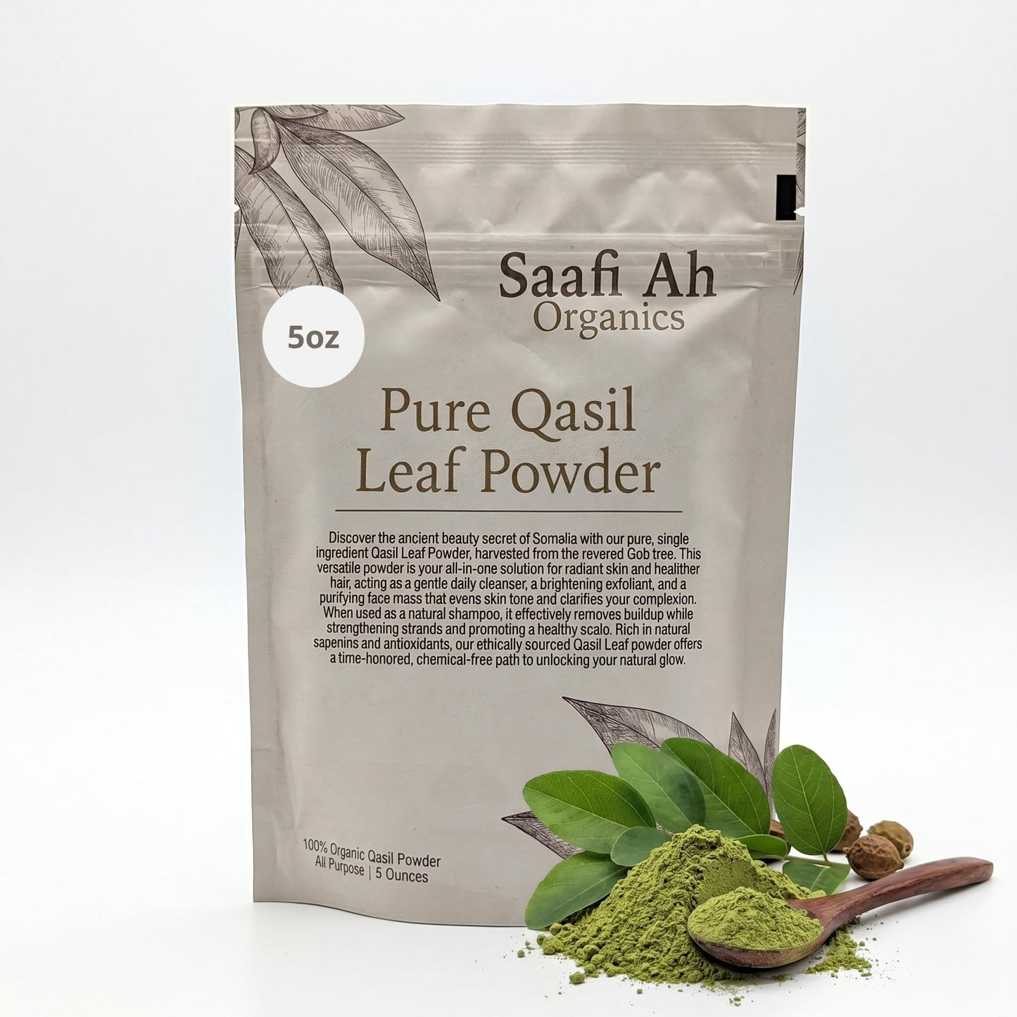 SAAFI AH ORGANICS Qasil Powder Natural Leaf Powder, exfoliates, detoxifies, Helps with clogged pores and Blemishes. soap,Used as a Shampoo. (Large 5 oz)