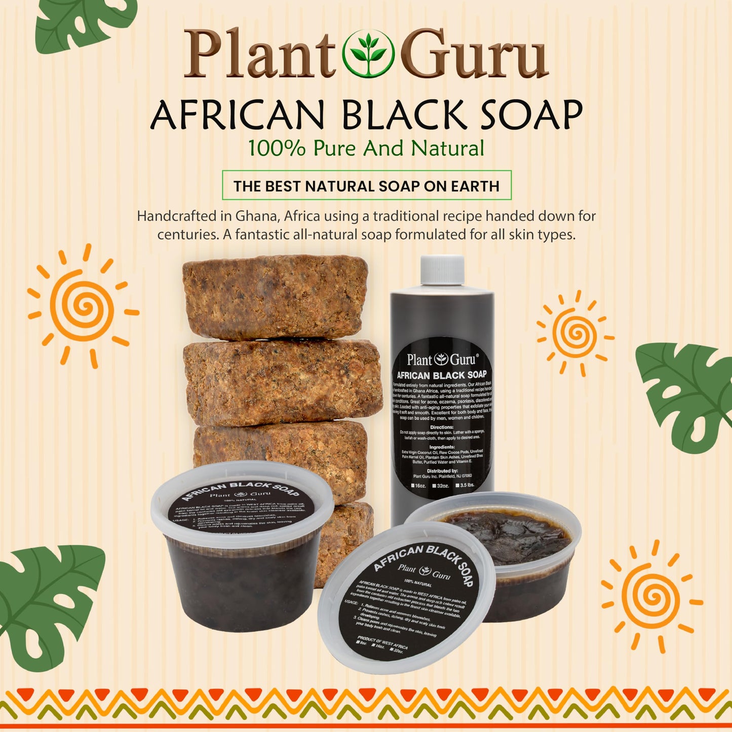 Plant Guru Raw African Black Soap 3 lbs. Bulk Bars 100% Pure Natural From Ghana.