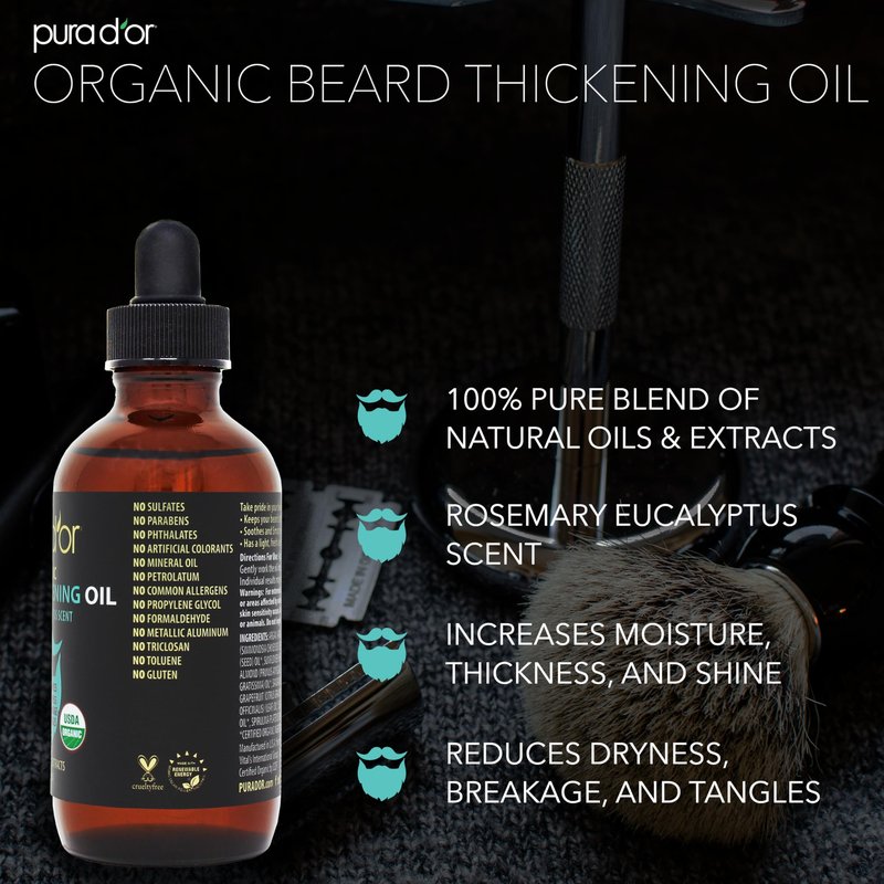 PURA D'OR 4 Oz Thickening Beard Oil – Moisturizing Blend with Rosemary, Biotin & Castor Oil – Increases Moisture, Thickness and Shine - Reduces Dryness and Breakage