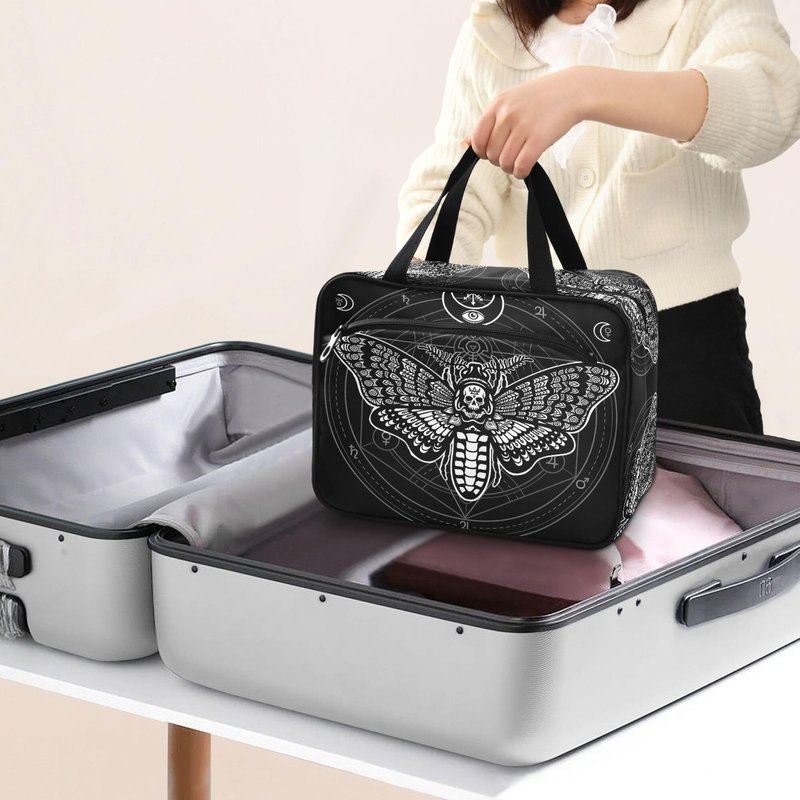 MNSRUU Hanging Toiletry Bags for Women Travel, Gothic Black Skull Moth Toiletry Organizer Portable Travel Toiletry Bags Clear Wash Bags Makeup Bag Cosmetic Bag