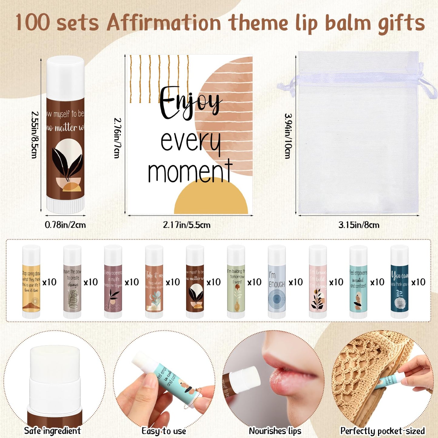 Leelosp 50 Sets Mental Health Awareness Lip Balm Gift Set with Positive Affirmation Cards, Bulk Inspirational Thank You Appreciation Gifts for Employees Volunteers Coworkers Events