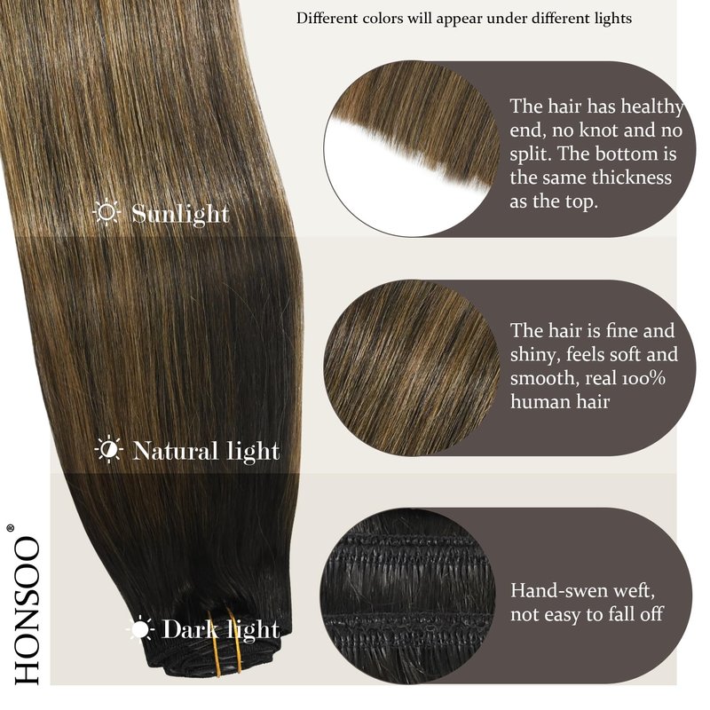 Clip In Hair Extensions - Real Human Hair Dark Brown to Chestnut Brown | 70g 7pcs 12-Inch Remy No Tangles