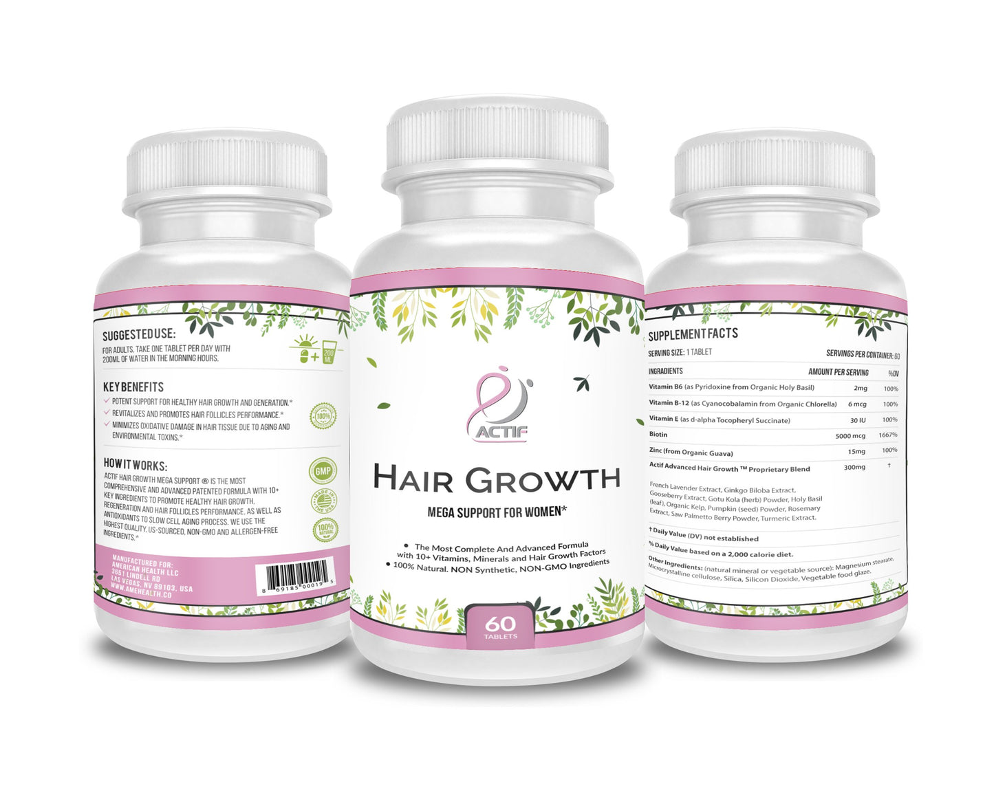 ACTIF Hair Growth for Women with 10+ Advanced Factors, Non-GMO, Stops 99% Hair Loss, Made in USA, 60 Count