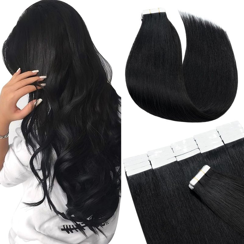Tape In Hair Extensions - 16 Inch Black Remy Human Hair, 20pcs 50g | Straight #01 Jet Black