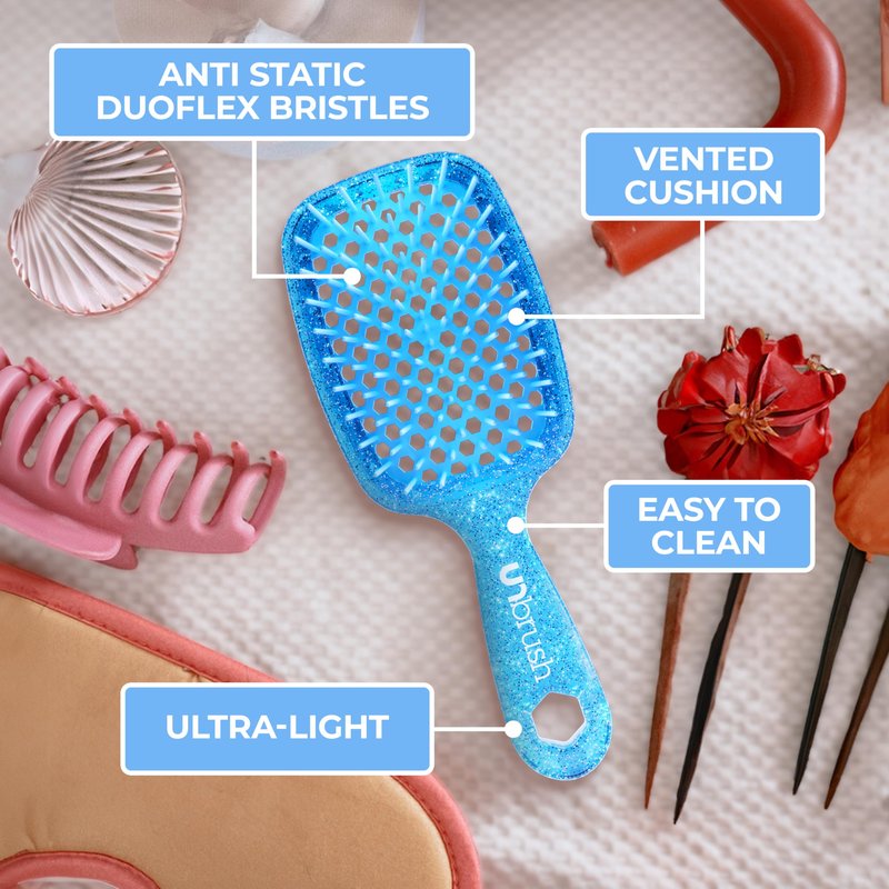 FHI Heat UNbrush Detangling Brush for Pain-Free Brushing on All Wet or Dry Hair Types — Durable DuoFlex Anti-Static Bristles, Lightweight Handle, Vented Hair Brush, Sapphire Blue