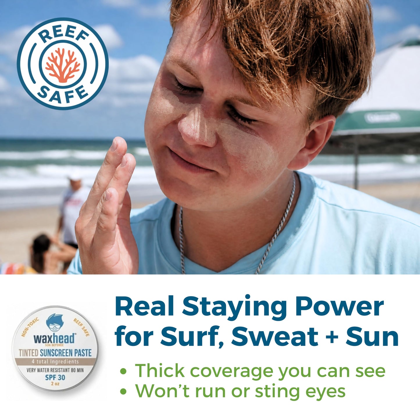 Waxhead Tinted Reef-Safe Mineral Sunscreen SPF 30 Zinc Oxide, Tint Zinc Face Sunscreen for Surfing & Swimming, Zinc Paste Sunblock for Nose & Face, Matte Finish, Travel Size 2 oz Tin