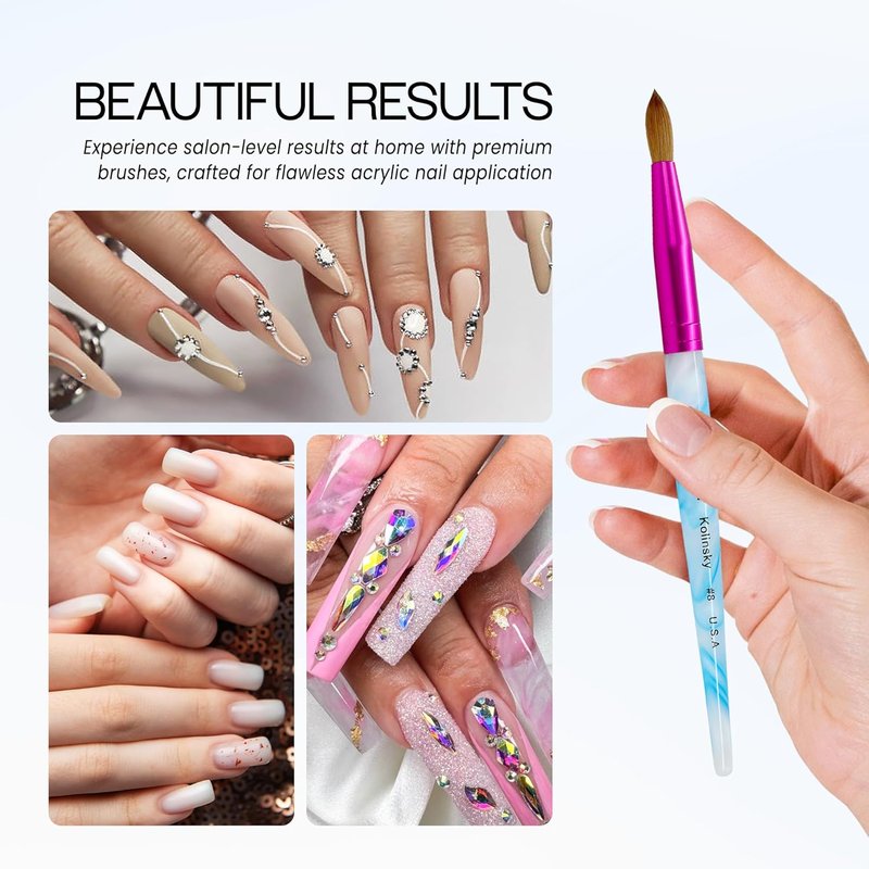Acrylic Nail Brush - Pure Kolinsky Hair with Blue Swirl Handle | Size 8, Round Shape