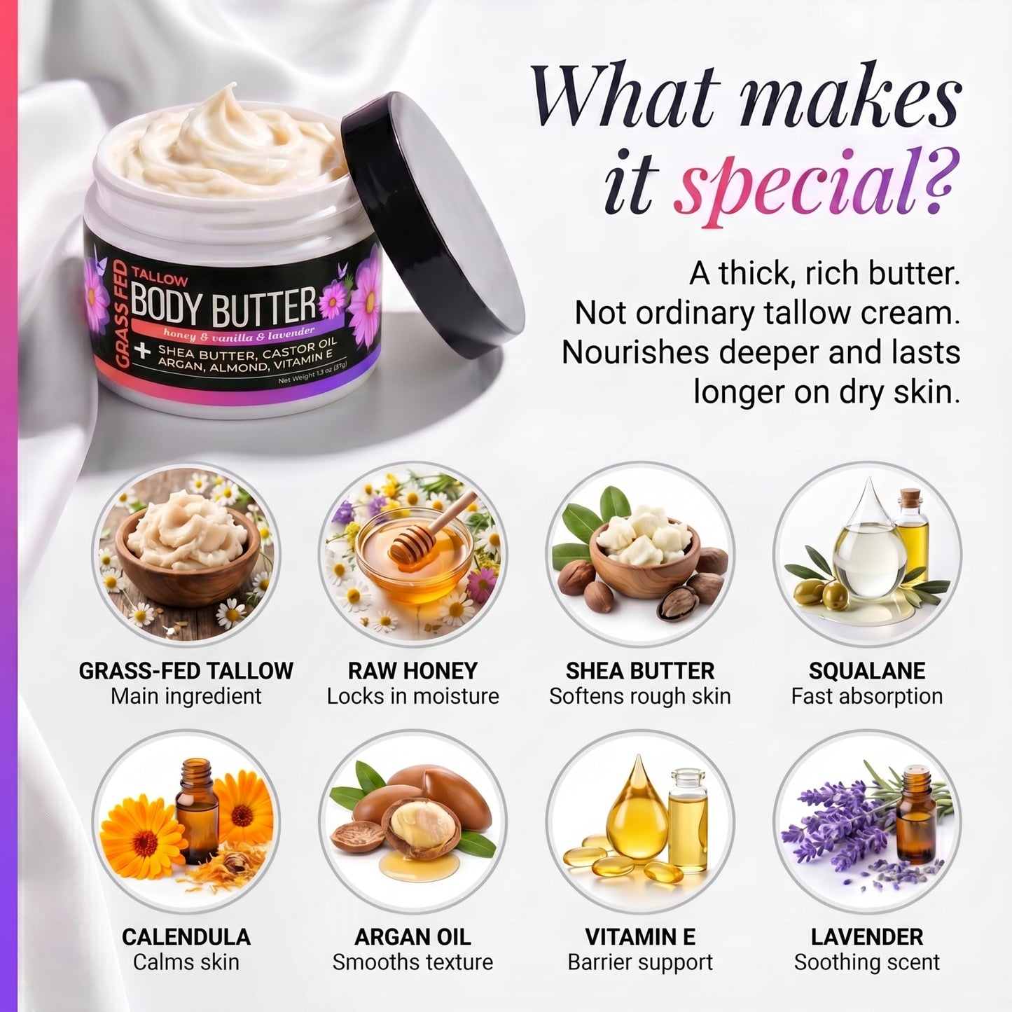 SELFWISE Beef Tallow Body Butter Cream - Grass-Fed Whipped Balm with Honey, Shea Butter, Castor Oil & Calendula - Non-Greasy, Long Lasting Hydration - for Extra Dry and Sensitive Skin.