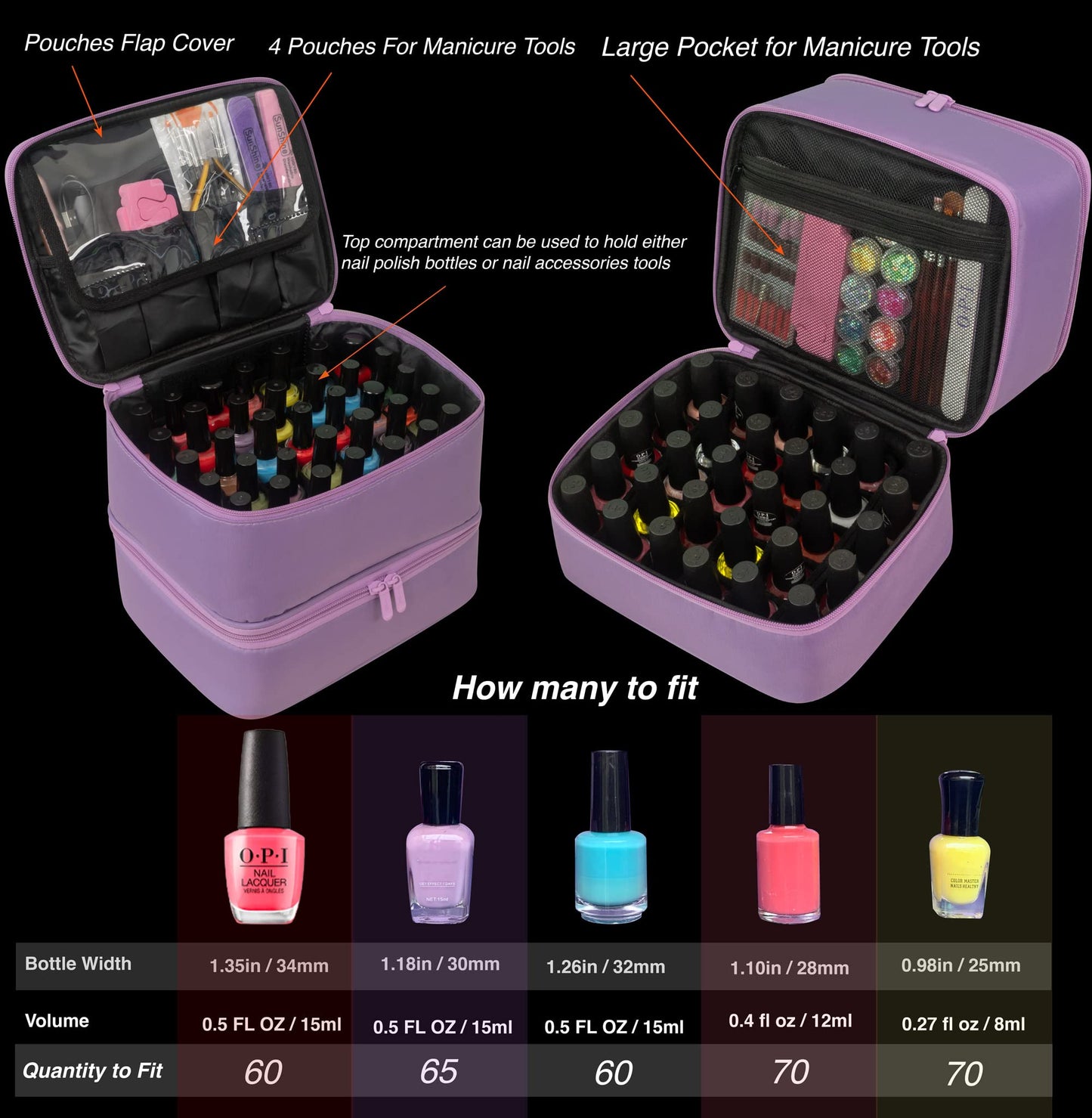 ButterFox Nail Polish Organizer Case Holder Holds 60 Bottles, Fits Nail Lamp, Duble-layer Storage for Nail Supplies and Accessories - Lavender Purple