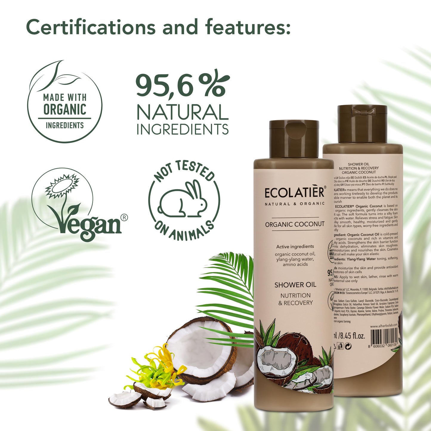 ECOLATIÈR Shower Oil – Organic Coconut Oil – Moisturizing & Nourishing Body Wash for Women, 95.5% Natural, Vegan, for Sensitive Skin - 8.5 Fl Oz (Coconut oil)