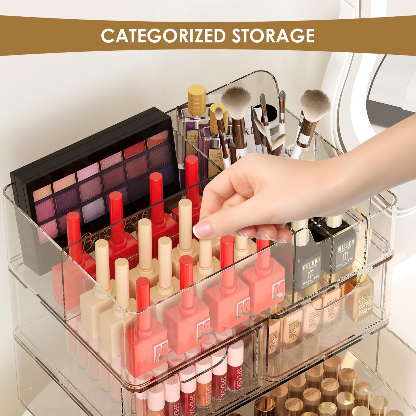 WRONWA 3 Tier Clear Makeup Organizer Countertop, Acrylic Makeup Organizers, Makeup Storage Organizer for Vanity Bathroom, Holders for Lipstick Brush Skincare