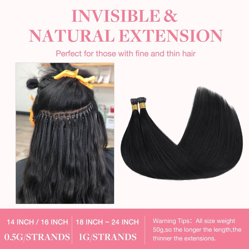 GOO GOO I Tip Hair Extensions Real Human Hair, 14inch 50g 100S, Cold Fusion I Tip Hair Extensions, Invisible Remy Hair Extension, 1 Jet black