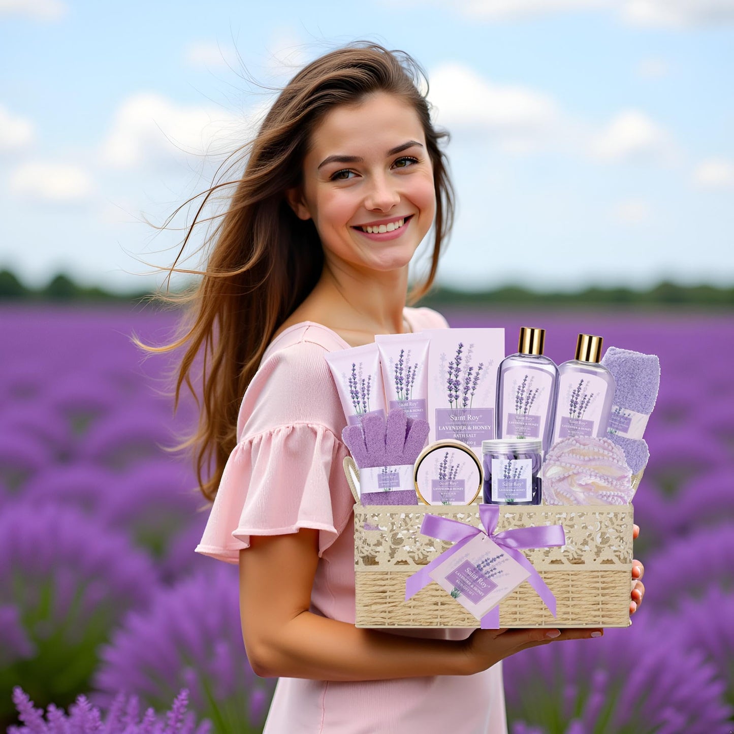 Lavender Bath and Body Gift Basket, Face Skin Care Set, Spa Kit, Self-Care