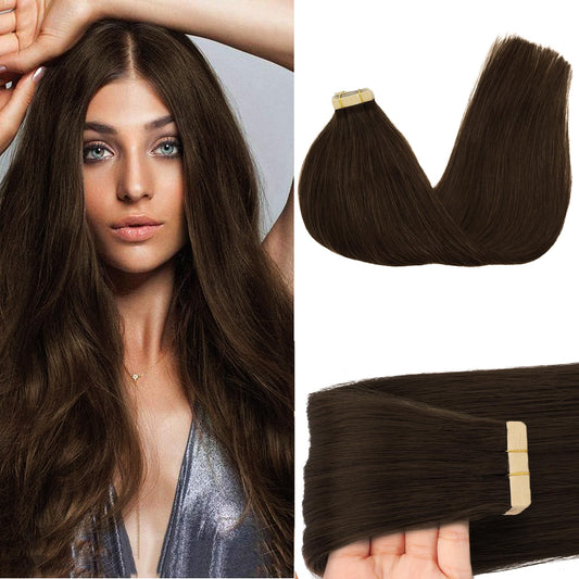 GOO GOO Tape in Hair Extensions Human Hair, 4A Chocolate Brown, 20inch 50g 20pcs, Skin Weft Seamless Invisible, Silky Straight with Thick Ends, Remy Human Hair