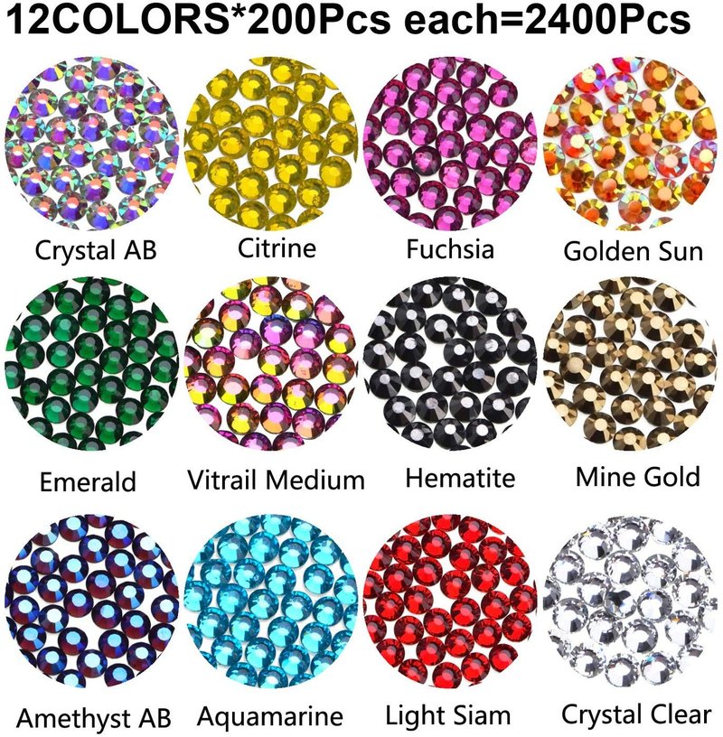 2400Pcs Hotfix Rhinestones Round Shape Flatback Crystal Glass Flatback Nail Art (12 Mixed Colors, 4mm SS16)