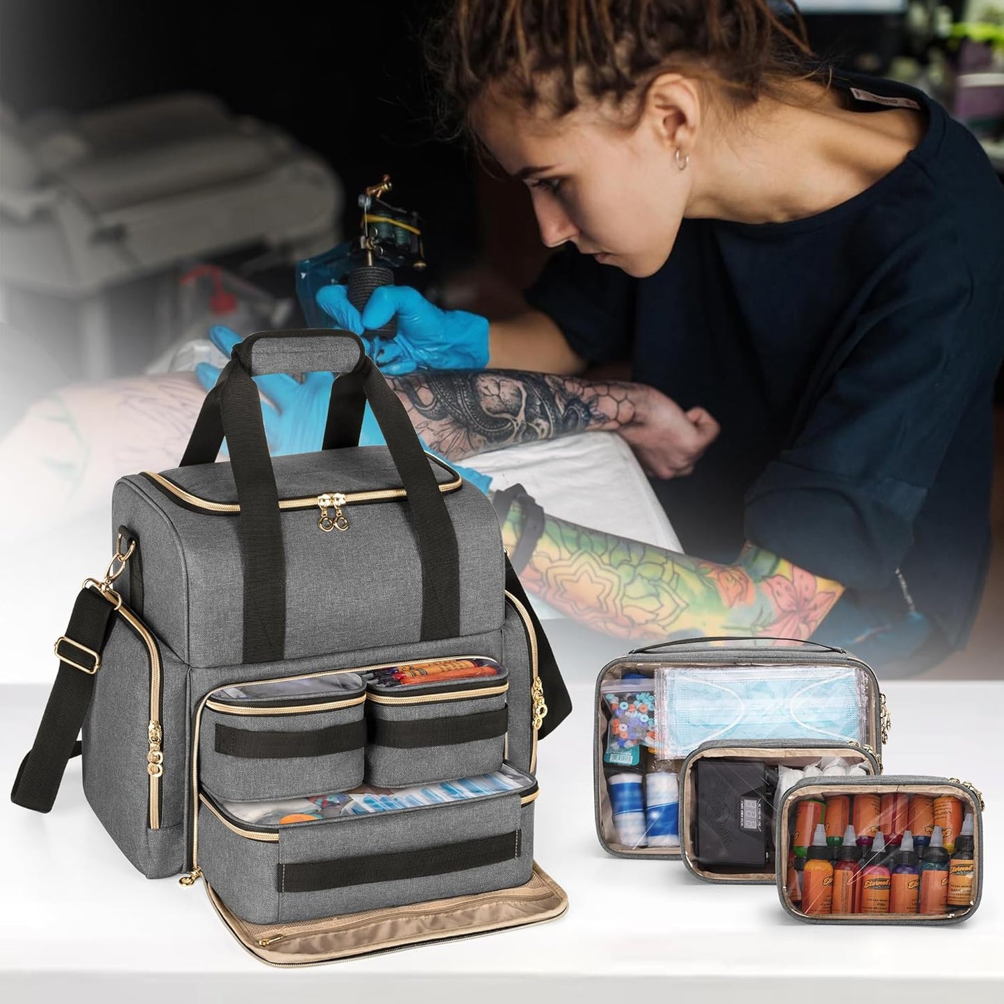 LUXJA Large Tattoo Travel Case - Organizer with 3 Removable Pouches for Tattoo Supplies | Gray