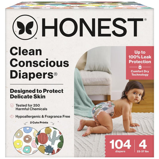The Honest Company Comfort Dry Disposable Daytime Diapers for Sensitive Skin, Hypoallergenic, Fragrance-Free, Donut Grow Up + Cactus Cuties, Super Club Box, Size 4 (22-37 lbs), 104 Count