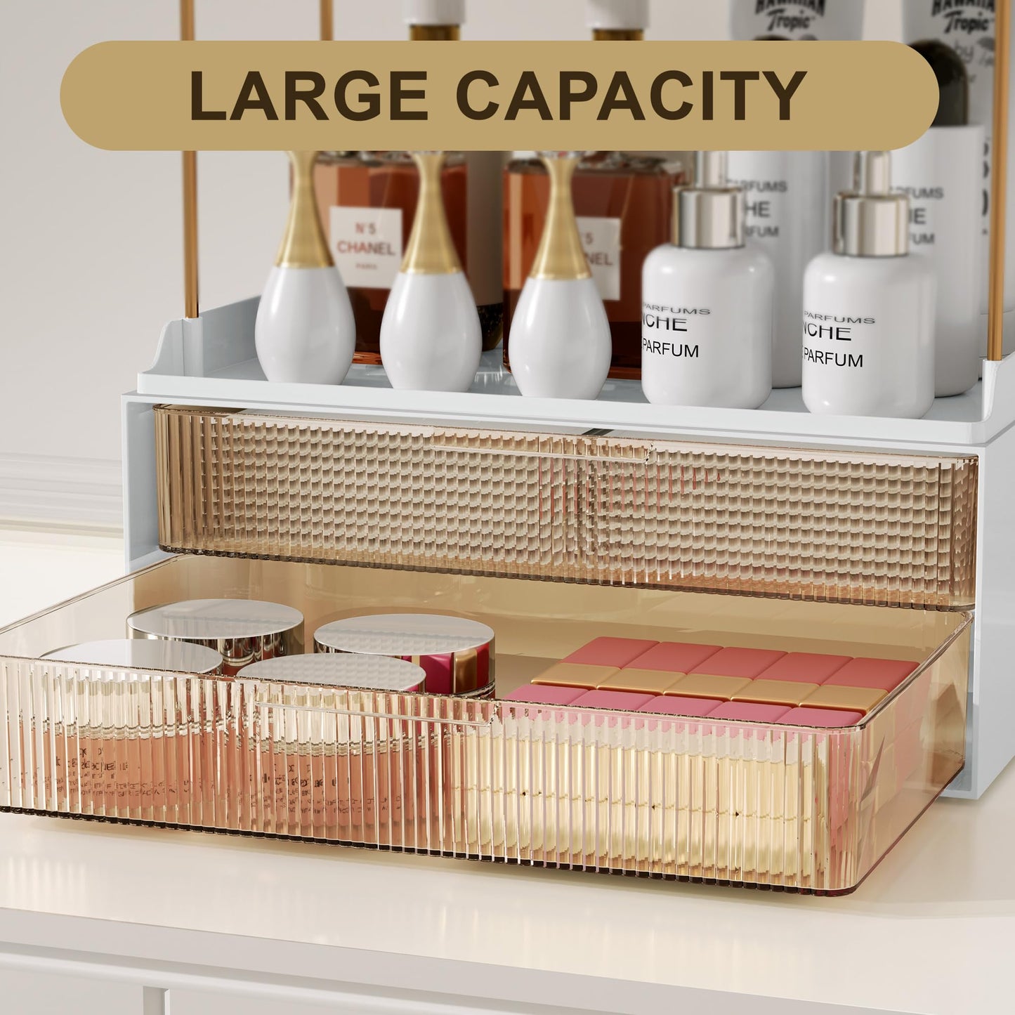 DOADW Bathroom Countertop Organizer with 2-Drawer, 3 Tier Makeup Organizer for Vanity, Large Multi-Purpose Makeup Skin Care Organizer for Vanity, Clear