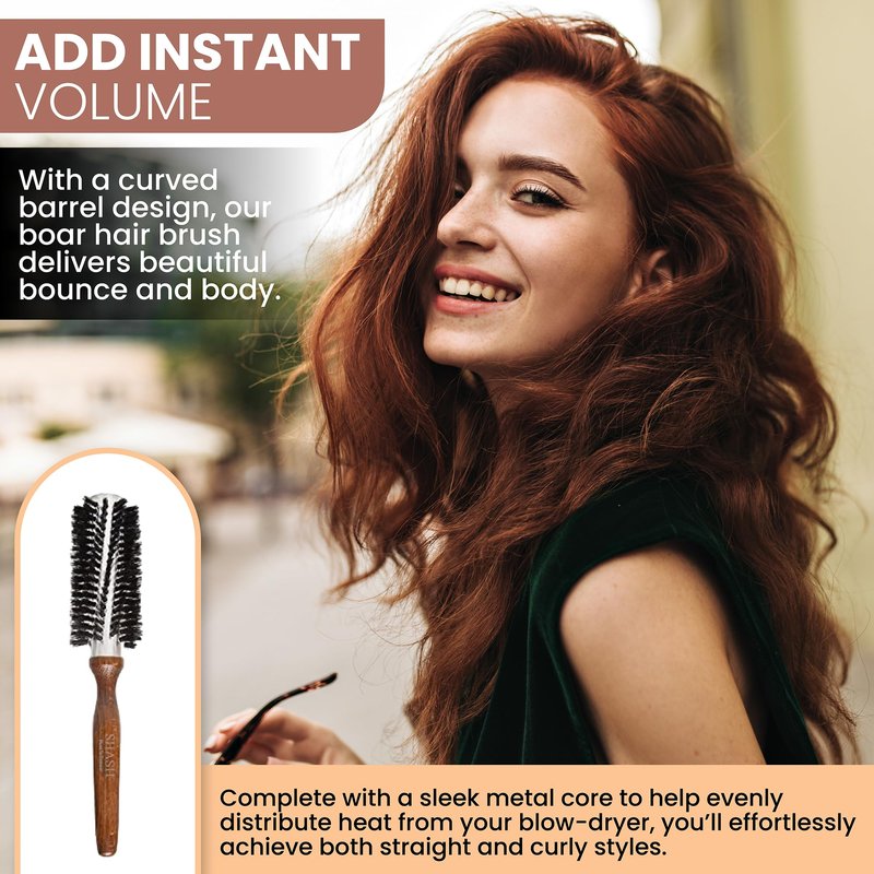 SHASH Since 1869 Hand Made In Germany Professional Series Boar Bristle Round Brush - Add Volume, Help Fight Frizz - Super-Grip Handle for Easy Styling - Eco-Sour (Small)