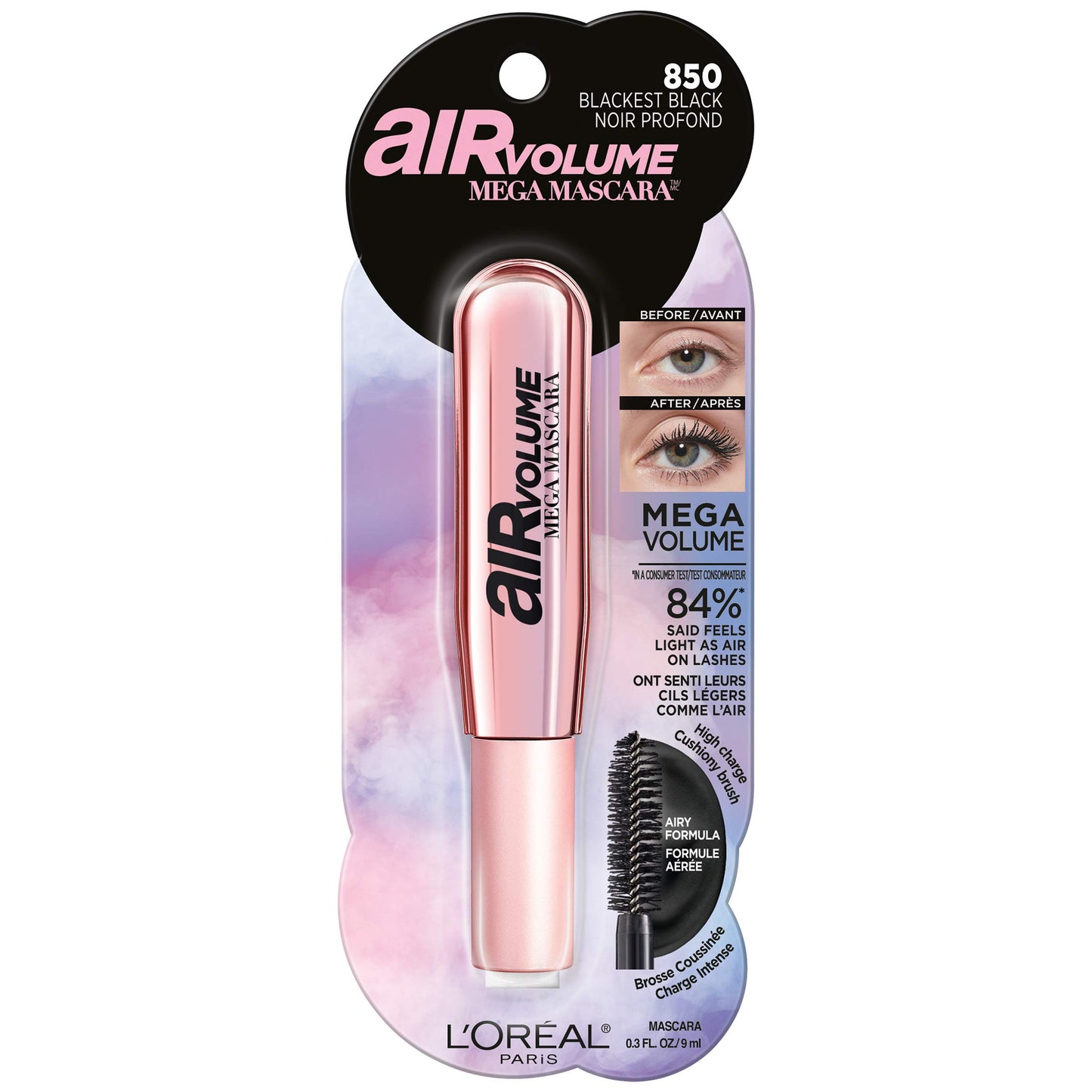 L'Oreal Paris Makeup Air Volume Mega Mascara, Lightweight & Long-lasting Volumizing Mascara for Voluminous Eyelashes, Washable Blackest Black, 0.3 Fl Oz (Pack of 2)