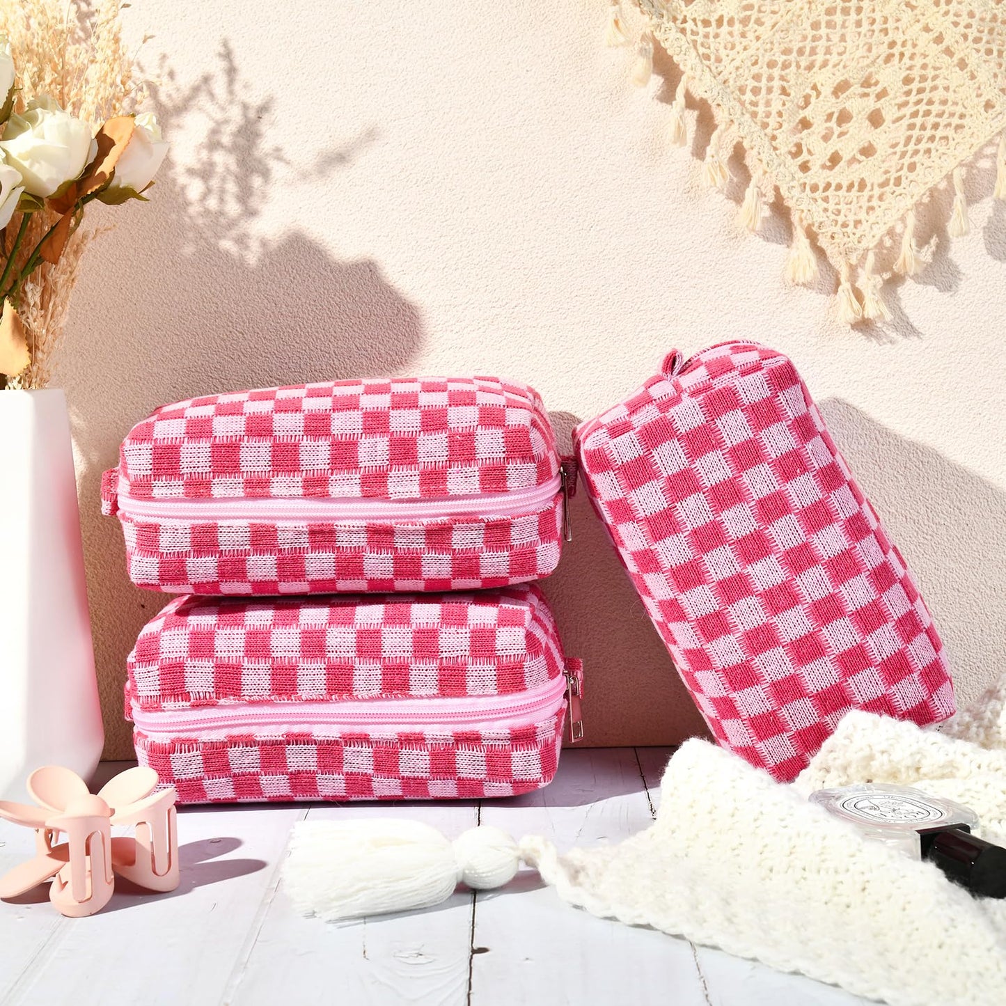 8 Pcs Checkered Makeup Bag Bridesmaid Proposal Gifts Makeup Pouch Bulk for Wedding Party Favors Bachelorette Party Decorations Toiletry Organizer Bag Cosmetic Case Gift