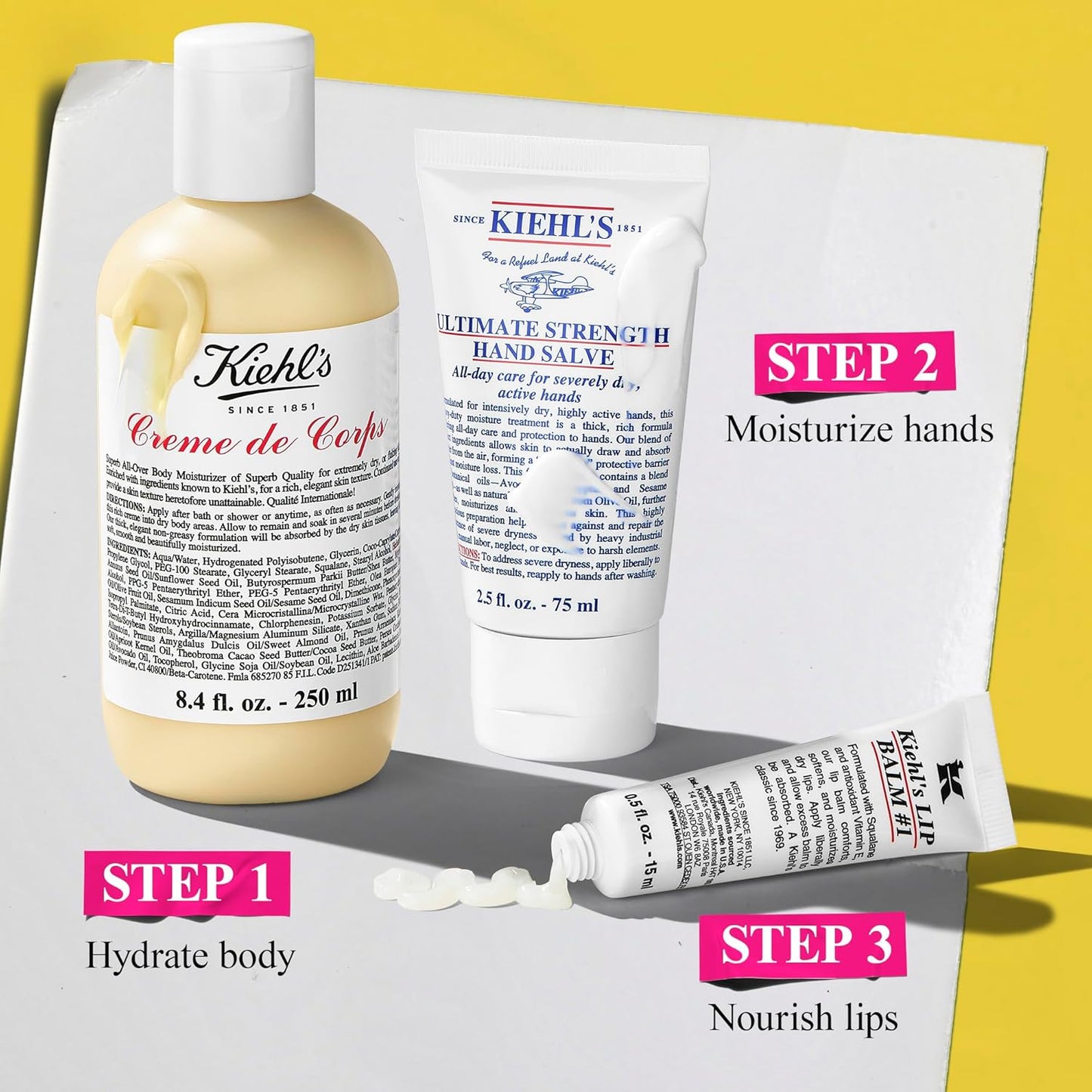 Kiehl's Body Care Routine Gift Set - Moisturizing Hand Lotion, Body Cream & Lip Balm | For Dry Skin, Unisex