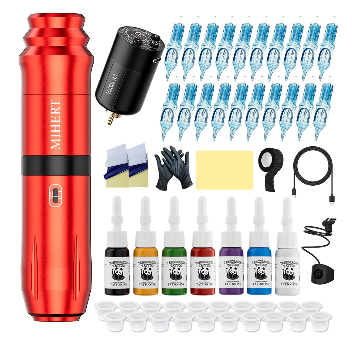 MIHERT Tattoo Gun Kit with Wireless Rotary Tattoo Machine, 1500mAh Battery, 20 Tattoo Cartridge Needles, 7 Tattoo Inks, Tattoo pen for Beginners and Professionals (Red)