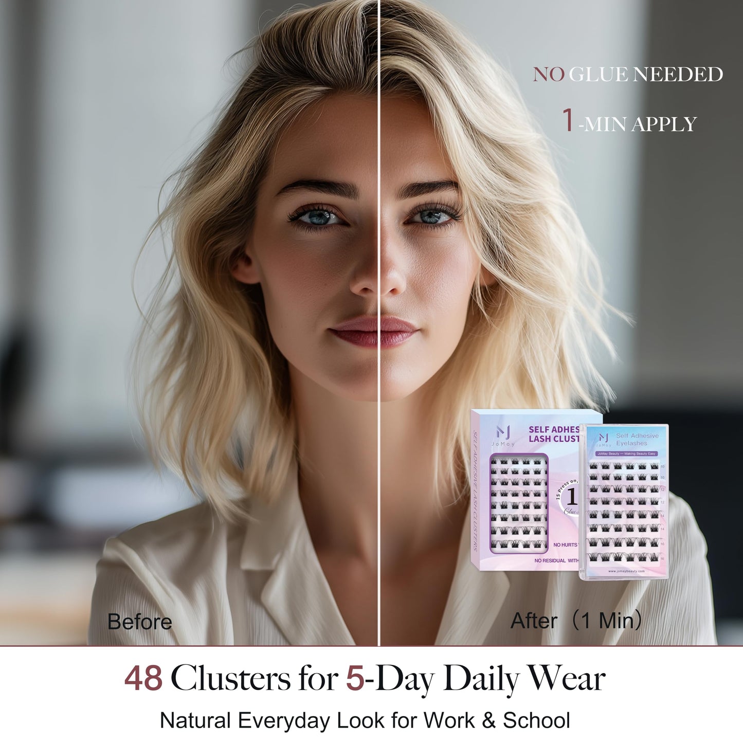 JoMay Self Adhesive Eyelashes, Press on Lashes No Glue Needed, Glueless Lashes Pre-Glued Natural Cluster Extension Kit D Curl For Beginners, No Sticky Residue 1 Step DIY 48PCS 10-16mm X01