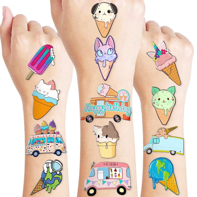 Ice Cream Temporary Tattoos for Kids - 10 Sheets (100 PCS) Sweet Treat Theme Fake Tattoos, Waterproof Stickers for Birthday Party Favors, Carnival Prizes, Goodie Bag Stuffers for Boys & Girls