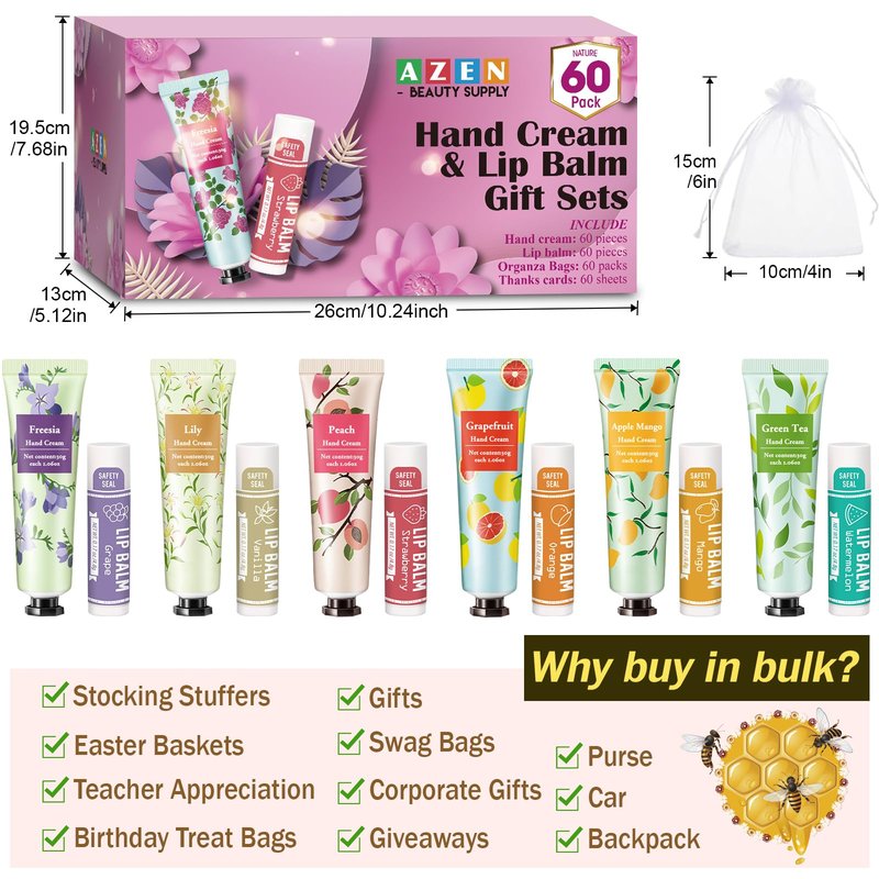 AZEN 60 Sets Bulk Gifts, Hand Cream and Lip Balm Bulk Set with Organza Bag Thank You Card, Baby Shower Wedding Gift for Guests, Bridal Wedding Favors for Guests, Mothers Day Gifts Stocking Stuffers