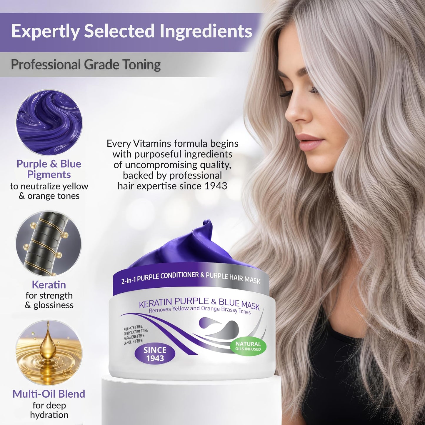 VITAMINS hair cosmetics Keratin Purple Hair Mask - Blue Hair Mask Deep Conditioner Treatment - Blonde Toner to Neutralize Brassiness in Brassy Blonde, Silver, White, Gray & Brown Locks