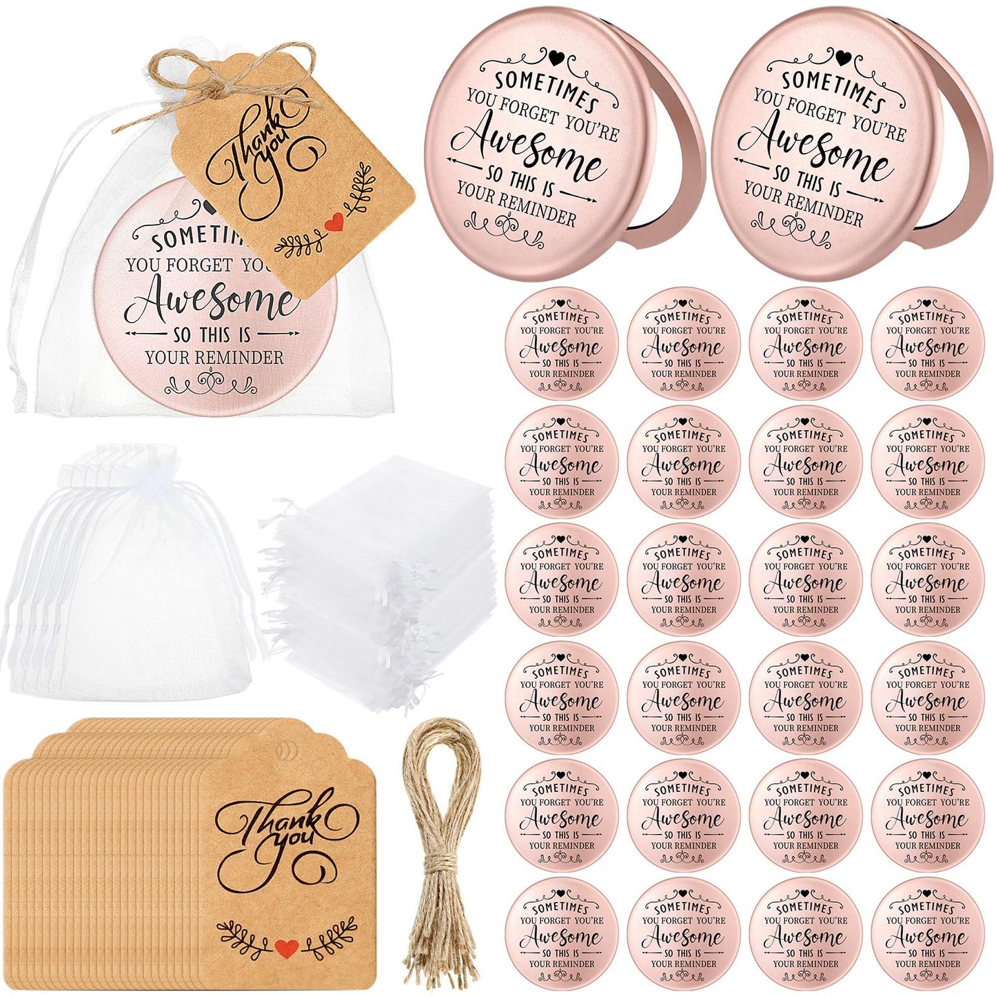 Soaoo 24 Set Inspirational Compact Mirror Bulk Metal Round Shell Sometimes You Forget Your Awesome Gifts for Women Appreciation Double-Sided Purse Mirrors Employee Coworker Wedding Gift
