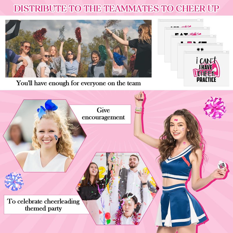 Huquary 121 Pcs Cheerleader Gifts Kit 30 Zipper Portable Cheer Makeup Bag 30 Keychain Wristband Mirror 1 Bag Waterproof Cheer Stickers for Women Girls Cheerleader Teammates