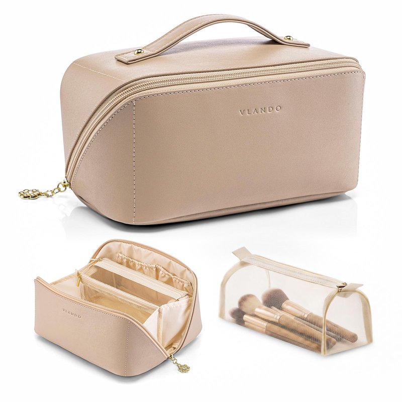 VLANDO Makeup Bag,Travel Toiletry Bag,Cosmetic Bag for Women PU Leather Portable Make up Bag for Skincare, Brushes & Travel Essentials-Sand Pink