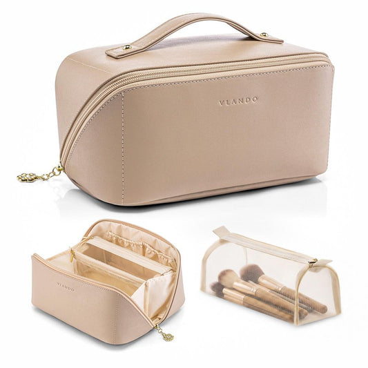 VLANDO Makeup Bag,Travel Toiletry Bag,Cosmetic Bag for Women PU Leather Portable Make up Bag for Skincare, Brushes & Travel Essentials-Sand Pink