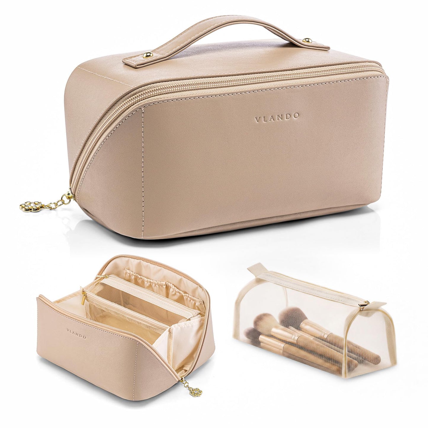 VLANDO Makeup Bag,Travel Toiletry Bag,Cosmetic Bag for Women PU Leather Portable Make up Bag for Skincare, Brushes & Travel Essentials-Sand Pink