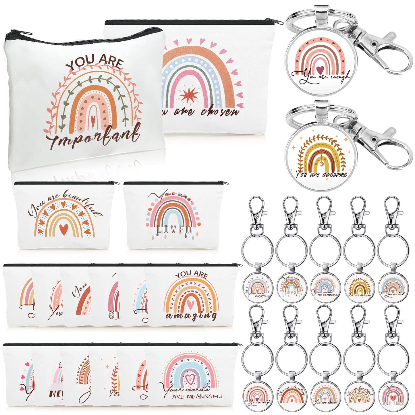 Pinkunn Mothers Day Rainbow Canvas Cosmetic Bag Gifts in Bulk for Women with Inspirational Quote Keychains Set 16 Pcs Cosmetic Bags 16 Pcs Keychains You are Amazing Beautiful Kind Travel Pouch Zipper