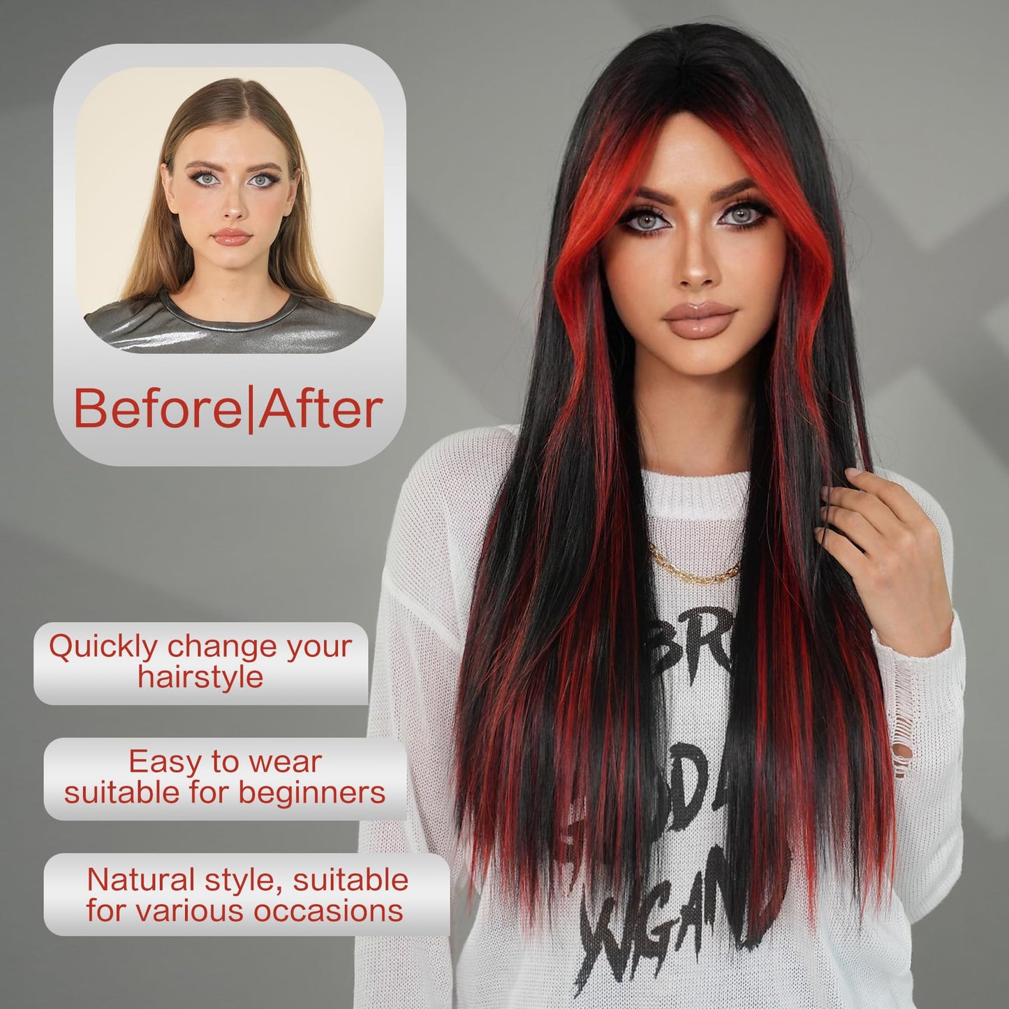 7JHH WIGS 31in Ombre Red Black Long Straight Highlight Wigs with Curtain Bangs Natural Heat Resistant Synthetic Fiber Layered Highlight Midlle Part Women Wigs for Chrismas Daily Party Daily Used