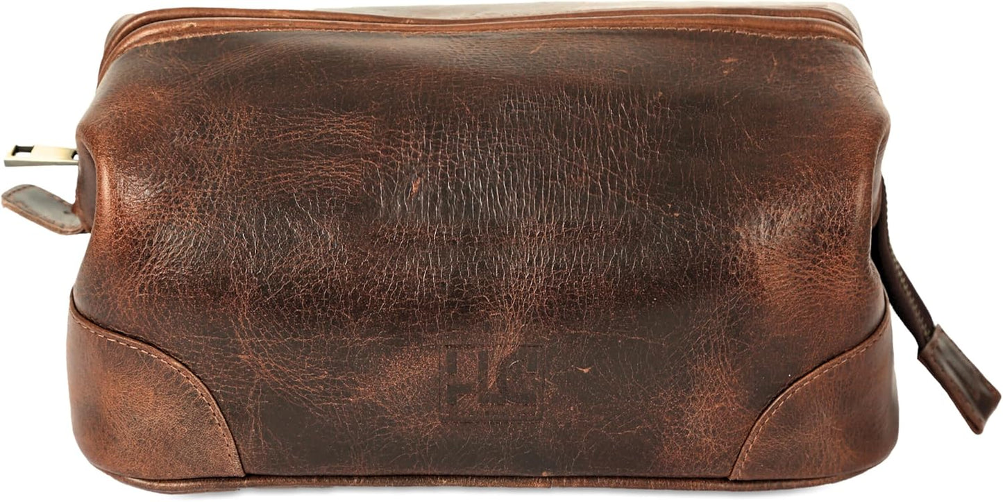 Genuine Leather Toiletry Bag for Men - Premium Dopp Kit Travel Organizer | 10-Inch Brown Pouch