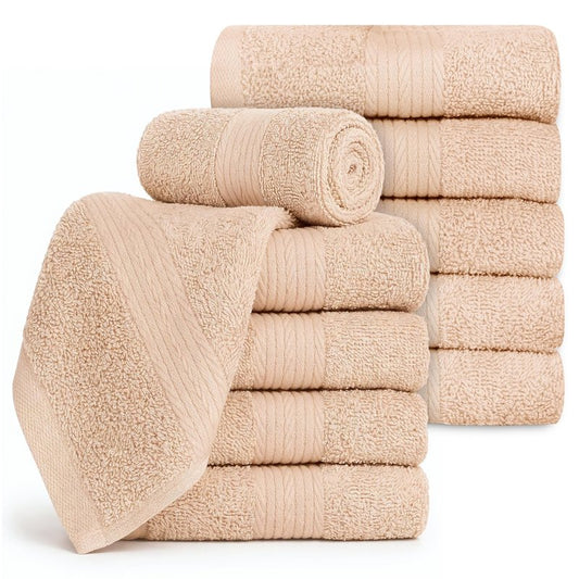 Ample Decor Wash Cloths Pack of 10, Oeko Tex Certified 600 GSM 100% Cotton Soft Absorbent, Premium Quality Durable Machine Washable, Ideal for Bathroom, Pool, Hotel, Spa – Beige