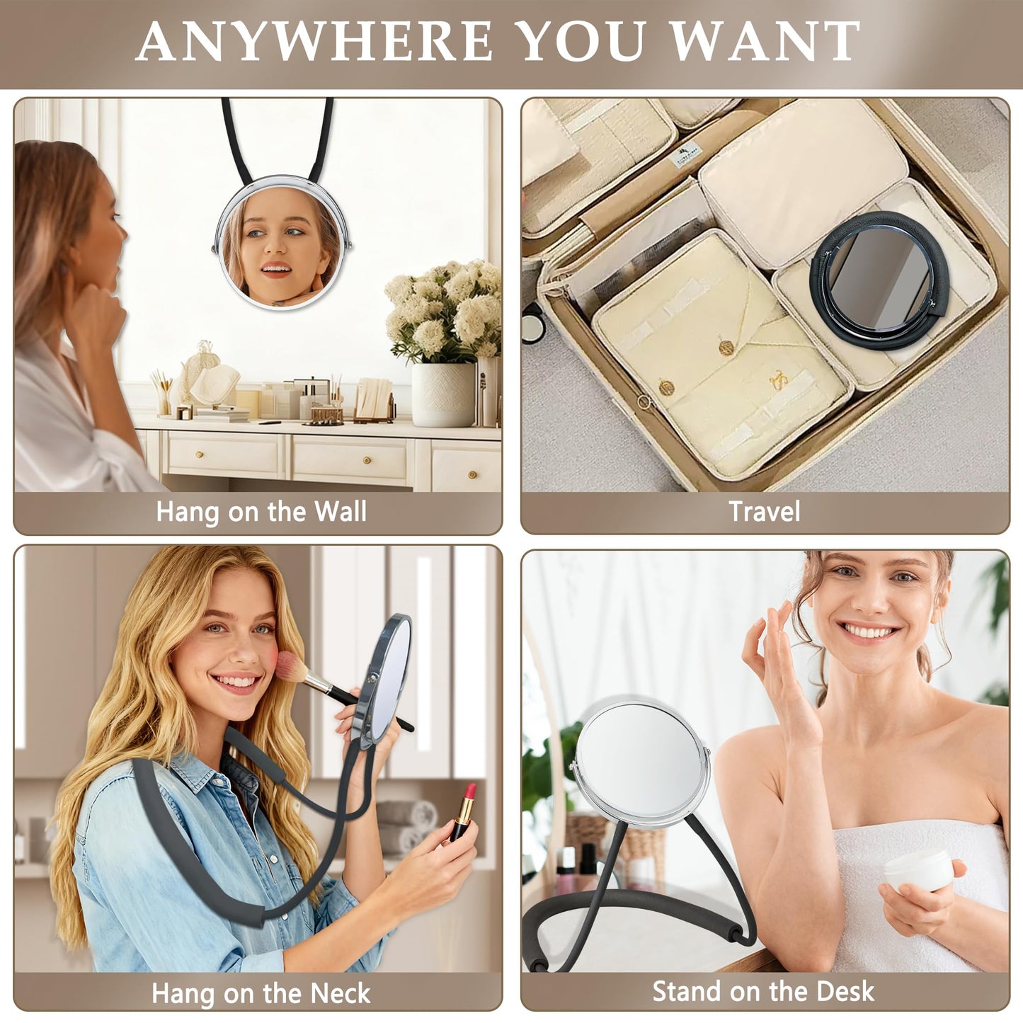 XWZMR Neck Mirror to See Back of Head, Double Sided Mirror Around Neck Hands Free, 6.7" Standard and 5X Magnification,360 Rotating, Adjustable Neck Strap for Women Travel Makeup Braiding